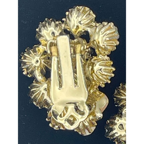 Aurora Borealis Flower Gold Tone Leaf Clip Earrings Necklace Set - Picture 8 of 16